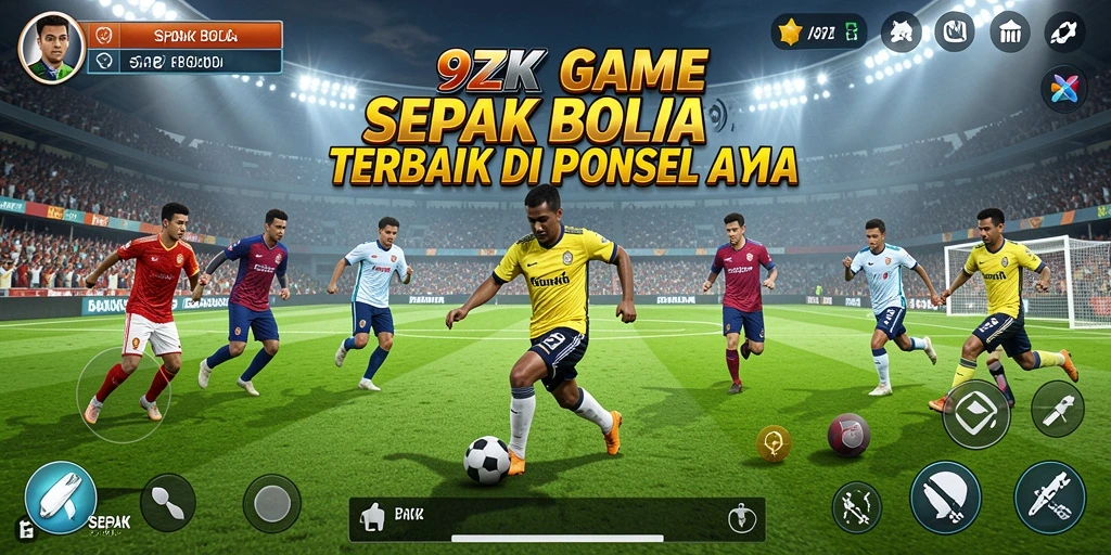 Antarmuka permainan 9ZK menampilkan tim sepak bola yang sedang bertanding.